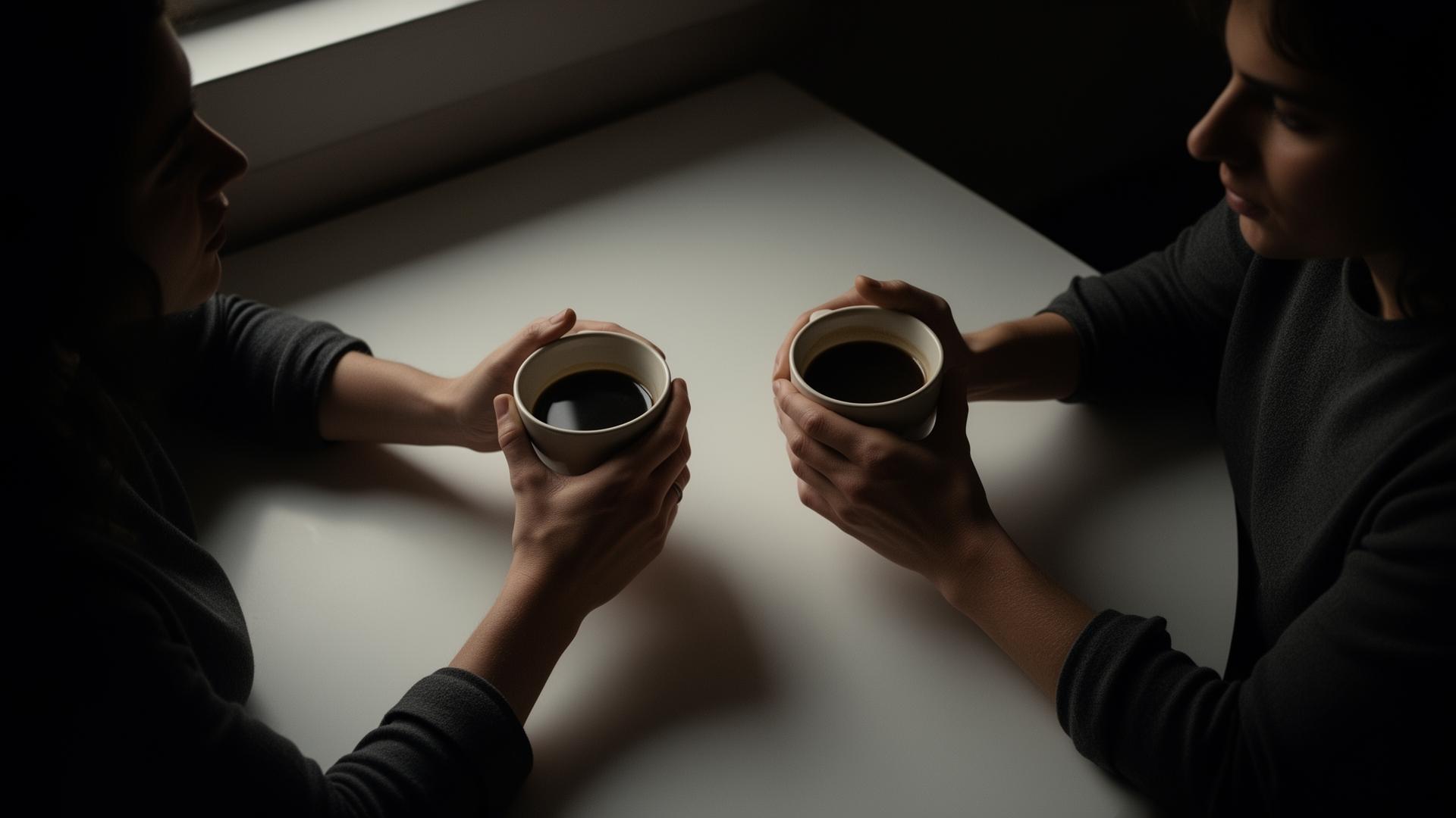 Conversación cercana entre dos personas con café